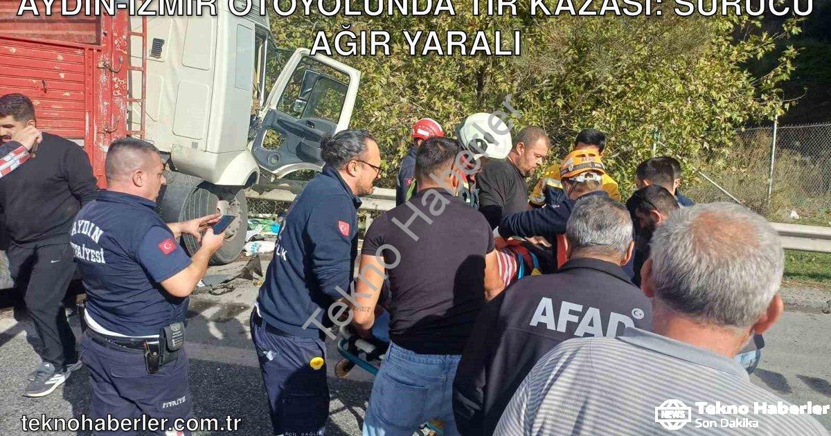 "Aydın-İzmir otoyolunda TIR kazası: Sürücü ağır yaralı" başlıklı haber için fotorealistik, profesyon