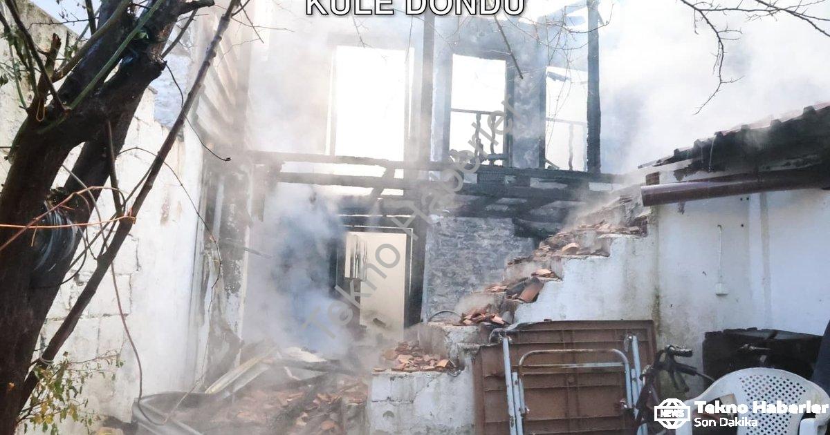 "Muğla Menteşe'de Korkutan Yangın: İki Ev Küle Döndü" başlıklı haber için fotorealistik, profesyonel